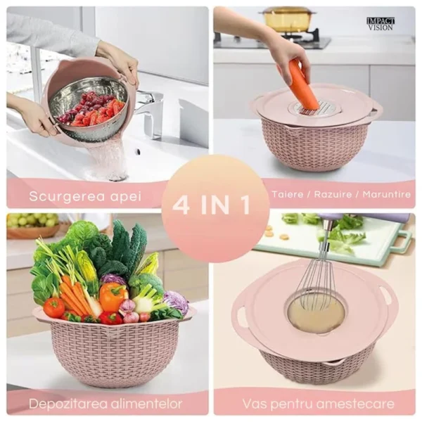 razatoare de bucatarie multifunctionala 4 in 1 impact vision®, design ergonomic cu strecuratoare rotativa 360°, bol pentru amestecare, 4 piese, roz razatoare de bucatarie multifunctionala 4 in 1 impact vision®, design ergonomic cu strecuratoare rotativa 360°, bol pentru amestecare, 4 piese, roz
