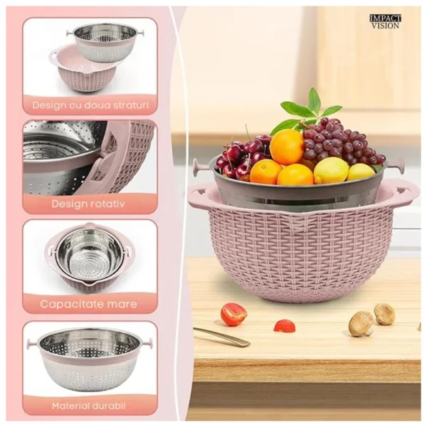 razatoare de bucatarie multifunctionala 4 in 1 impact vision®, design ergonomic cu strecuratoare rotativa 360°, bol pentru amestecare, 4 piese, roz razatoare de bucatarie multifunctionala 4 in 1 impact vision®, design ergonomic cu strecuratoare rotativa 360°, bol pentru amestecare, 4 piese, roz