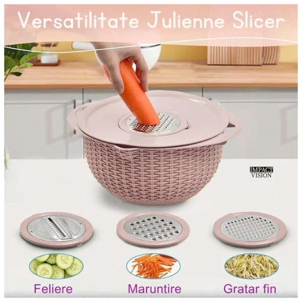 razatoare de bucatarie multifunctionala 4 in 1 impact vision®, design ergonomic cu strecuratoare rotativa 360°, bol pentru amestecare, 4 piese, roz razatoare de bucatarie multifunctionala 4 in 1 impact vision®, design ergonomic cu strecuratoare rotativa 360°, bol pentru amestecare, 4 piese, roz