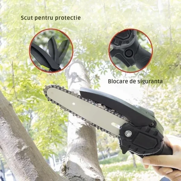mini fierastrau cu lant electric portabil , 20v, 2000mah, 2 baterii, 2 lanturi, negru, impact vision® Fierăstrău electric tăind crengile unui copac
