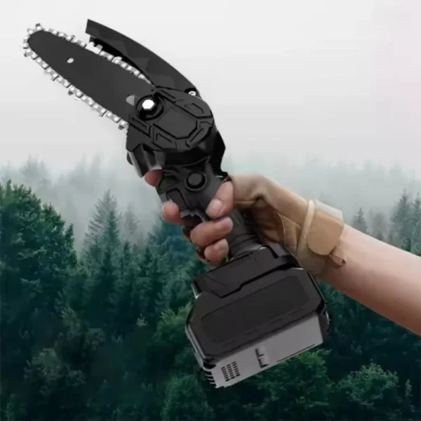 mini fierastrau cu lant electric portabil , 20v, 2000mah, 2 baterii, 2 lanturi, negru, impact vision® Mână robotică ținând un fierăstrău mecanic