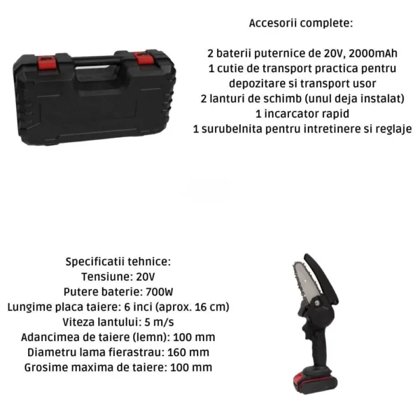 mini fierastrau cu lant electric portabil , 20v, 2000mah, 2 baterii, 2 lanturi, negru, impact vision® Fierăstrău electric cu accesorii și specificații tehnice
