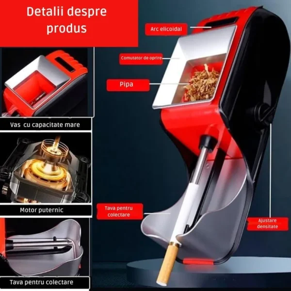 aparat electric de facut tigari, injector de tutun, compact cu design ergonomic si accesorii incluse, rosu, impact vision® Dispozitiv modern de tocator tutun cu detalii multiple