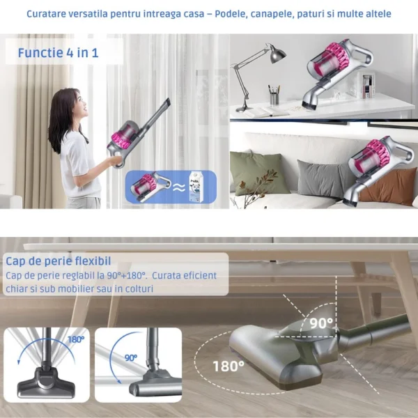 aspirator vertical si portabil antiacarieni, filtru hepa, 4 in 1, 10000 pa, roz/gri, impact vision® Aspirator versatil 4 în 1 pentru curățenie completă