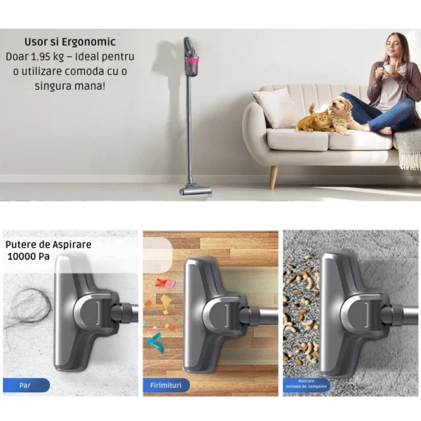 aspirator vertical si portabil antiacarieni, filtru hepa, 4 in 1, 10000 pa, roz/gri, impact vision® Aspirator ergonomic demonstrând eficiența pe diferite suprafețe