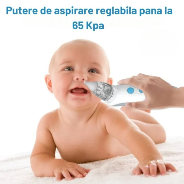 aspirator nazal electric pentru bebelusi si copii, 2 trepte de aspirare, 2 capete de silicon, incarcare usb, alb, impact vision® Bebeluș folosind aspirator nazal reglabil