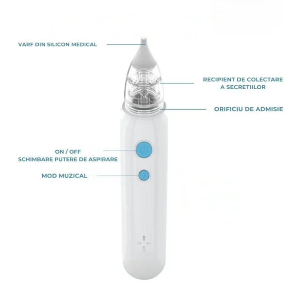aspirator nazal electric pentru bebelusi si copii, 2 trepte de aspirare, 2 capete de silicon, incarcare usb, alb, impact vision® Aspirator nazal electronic cu accesorii și butoane albastre