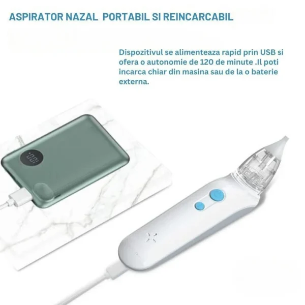 aspirator nazal electric pentru bebelusi si copii, 2 trepte de aspirare, 2 capete de silicon, incarcare usb, alb, impact vision® Aspirator nazal reîncărcabil USB cu baterie externă