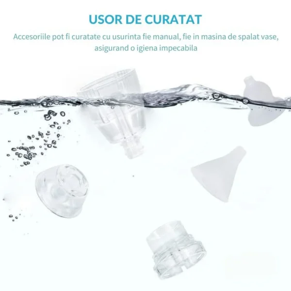 aspirator nazal electric pentru bebelusi si copii, 2 trepte de aspirare, 2 capete de silicon, incarcare usb, alb, impact vision® Accesorii transparente submersate în apă