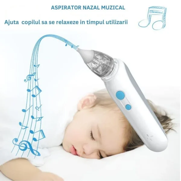 aspirator nazal electric pentru bebelusi si copii, 2 trepte de aspirare, 2 capete de silicon, incarcare usb, alb, impact vision® Aspirator nazal muzical pentru copii, relaxant