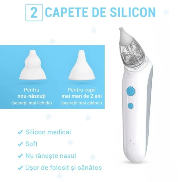 aspirator nazal electric pentru bebelusi si copii, 2 trepte de aspirare, 2 capete de silicon, incarcare usb, alb, impact vision® Aspirator nazal electric cu capete de silicon diferite