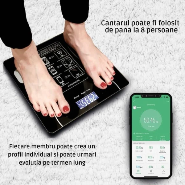 cantar electronic inteligent, aplicatie smart, corporal, ecran digital iluminat, termometru, suporta maxim 180 kg, baterii incluse, negru, impact vision® Picioare pe cântar digital conectat la smartphone