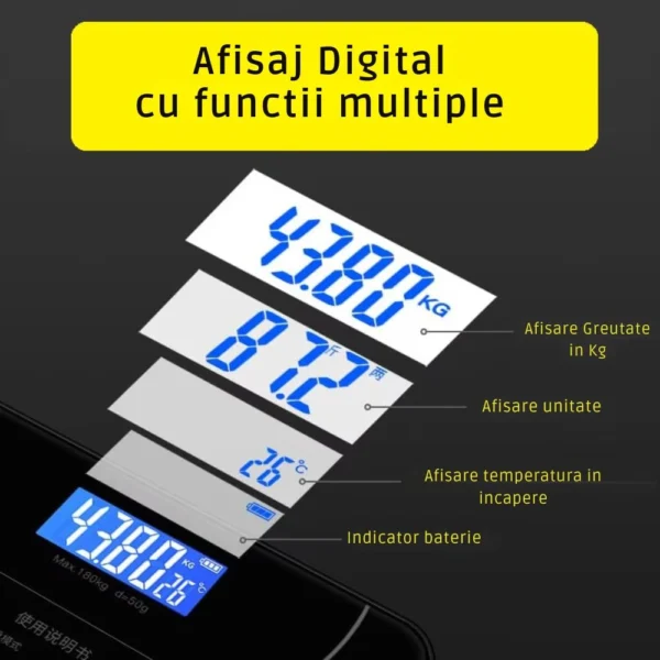 cantar electronic inteligent, aplicatie smart, corporal, ecran digital iluminat, termometru, suporta maxim 180 kg, baterii incluse, negru, impact vision® Afișaj digital pentru greutate și temperatură