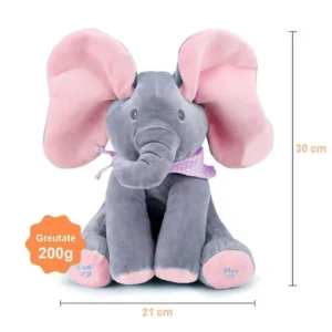 jucarie interactiva de plus impact vision®, elefant cucu bau, vorbeste si canta – roz/gri