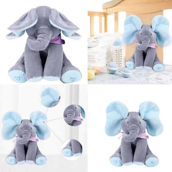 jucarie interactiva de plus elefant cucu bau, vorbeste si canta – roz, impact vision® Pluș elefant gri cu urechi albastre pentru copii