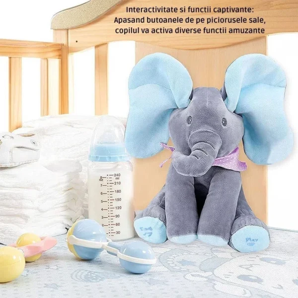 jucarie interactiva de plus elefant cucu bau, vorbeste si canta – roz, impact vision® Jucărie elefant interactiv pentru bebeluși