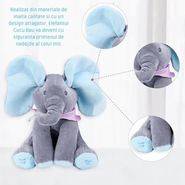 jucarie interactiva de plus elefant cucu bau, vorbeste si canta – roz, impact vision® Elefant de pluș interactiv și colorat pentru copii