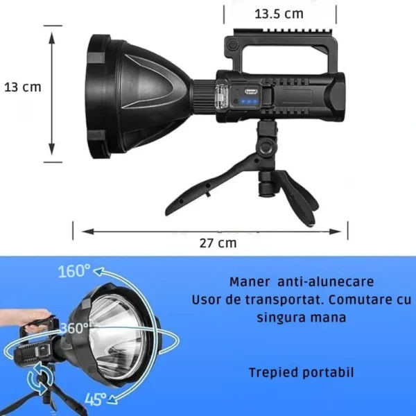 lanterna reincarcabila cu acumulator, rezistenta la apa si adaptor usb inclus, trepied, impact vision® Lanternă mare, neagră, cu trepied și măsuri dimensiuni