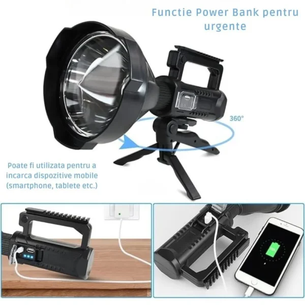 lanterna reincarcabila cu acumulator, rezistenta la apa si adaptor usb inclus, trepied, impact vision® Lanterna multifuncțională cu funcție de power bank