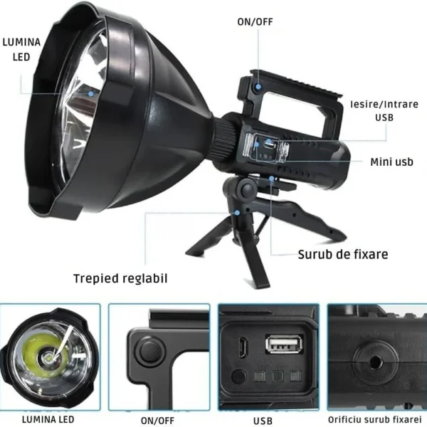 lanterna reincarcabila cu acumulator, rezistenta la apa si adaptor usb inclus, trepied, impact vision® Lanternă LED cu trepied reglabil și intrări USB