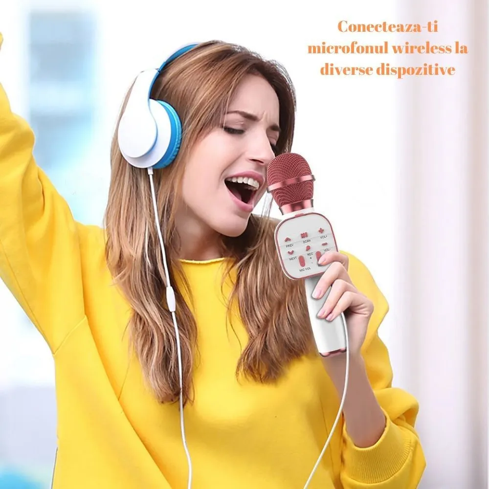 microfon wireless karaoke pentru copii impact vision®, cu acumulator, boxa inclusa, radio fm, tf card, usb, inregistrare muzica, culoare roz