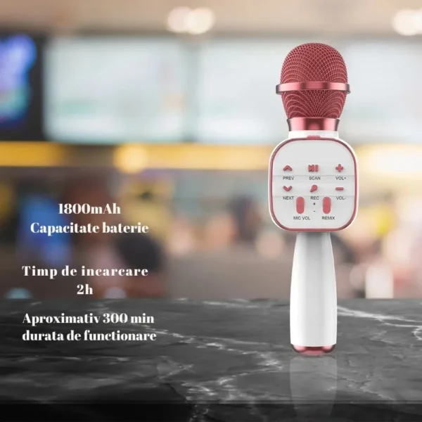 microfon wireless karaoke pentru copii impact vision®, cu acumulator, boxa inclusa, radio fm, tf card, usb, inregistrare muzica, culoare roz Microfon wireless roșu pe fundal neclar