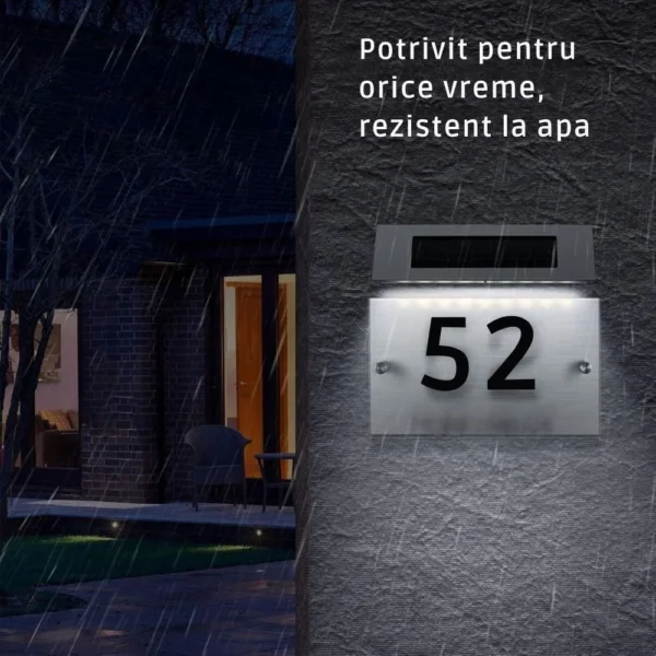 numar de casa sau poarta cu incarcare solara, iluminare automata, inox, baterie reincarcabila, pornire oprire automata led, impact vision® Numărul casei 52 iluminat, noapte ploioasă