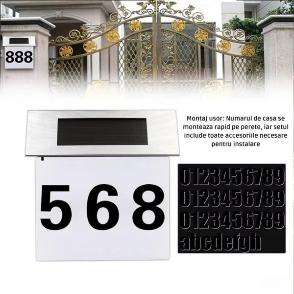 numar de casa sau poarta cu incarcare solara, iluminare automata, inox, baterie reincarcabila, pornire oprire automata led, impact vision® Număr de casă modern, afișat pe poartă elegantă