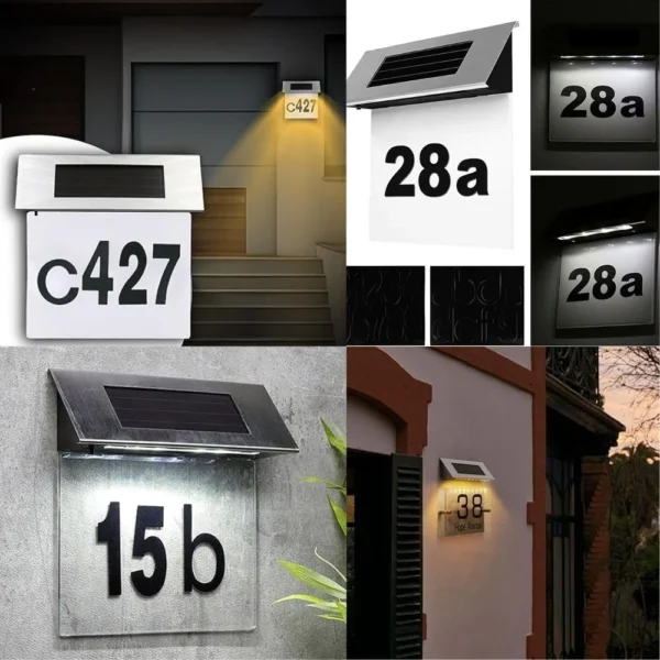numar de casa sau poarta cu incarcare solara, iluminare automata, inox, baterie reincarcabila, pornire oprire automata led, impact vision® Numere de casă iluminate, unele cu panouri solare