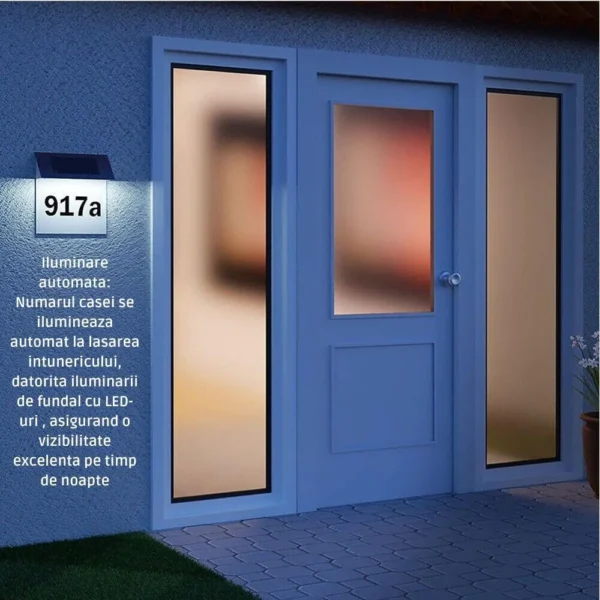 numar de casa sau poarta cu incarcare solara, iluminare automata, inox, baterie reincarcabila, pornire oprire automata led, impact vision® Ușă albastră iluminată în exteriorul casei noaptea