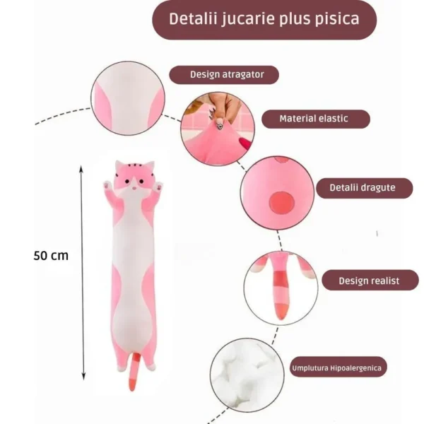 jucarie de plus pisica, tip perna, umplutura hipoalergenica, 50 cm, culoare roz jucarie de plus pisica, tip perna, umplutura hipoalergenica, 50 cm, culoare roz