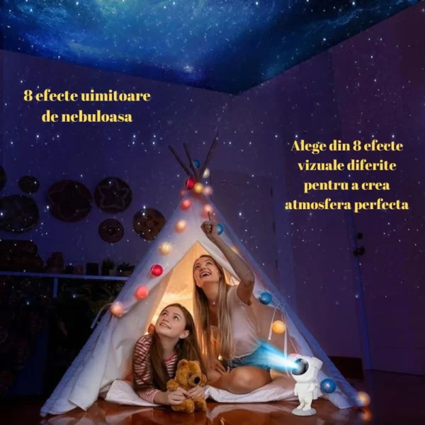 proiector de stele astronaut, lampa de veghe pentru copii, led, telecomanda, 8 efecte diferite, alb, impact vision® Femeie și fetiță în cort, proiectând efecte de galaxie