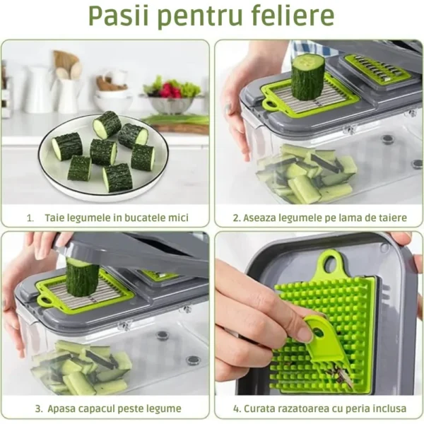 razatoare multifunctionala de bucatarie cu 22 de piese pentru legume si fructe, lame din otel inoxidabil si maner de protectie, verde, impact vision® Instrucțiuni feliere legume