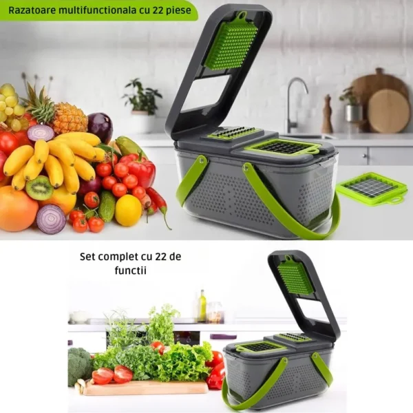 razatoare multifunctionala de bucatarie cu 22 de piese pentru legume si fructe, lame din otel inoxidabil si maner de protectie, verde, impact vision® Razătoare multifuncțională cu legume și bucătărie modernă