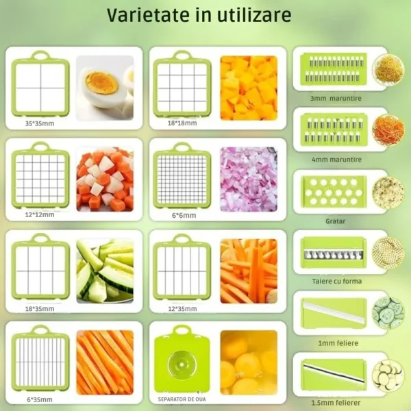 razatoare multifunctionala de bucatarie cu 22 de piese pentru legume si fructe, lame din otel inoxidabil si maner de protectie, verde, impact vision® Imagine cu instrumente pentru tăierea precisă a legumelor