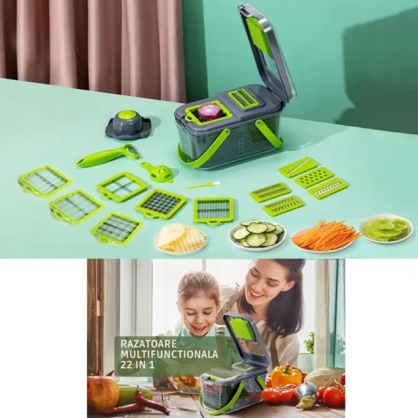 razatoare multifunctionala de bucatarie cu 22 de piese pentru legume si fructe, lame din otel inoxidabil si maner de protectie, verde, impact vision® Răzătoare multifuncțională și legume tăiate, cu mamă și fiică.