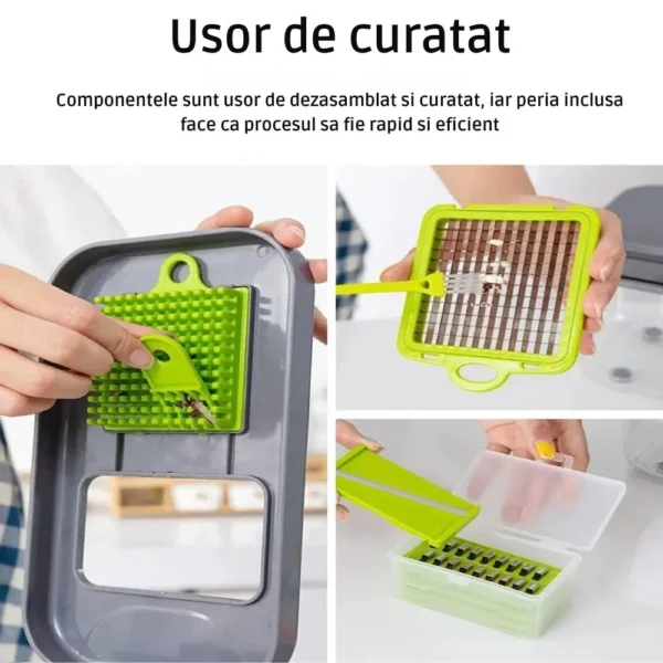 razatoare multifunctionala de bucatarie cu 22 de piese pentru legume si fructe, lame din otel inoxidabil si maner de protectie, verde, impact vision® Demonstrație curățare ustensilă de bucătărie multifuncțională