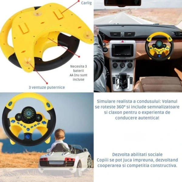volan interactiv de jucarie cu sunete si lumini, rotire 360 grade volan interactiv de jucarie cu sunete si lumini, rotire 360 grade, fixare cu ventuze, galben, impact visionĀ®