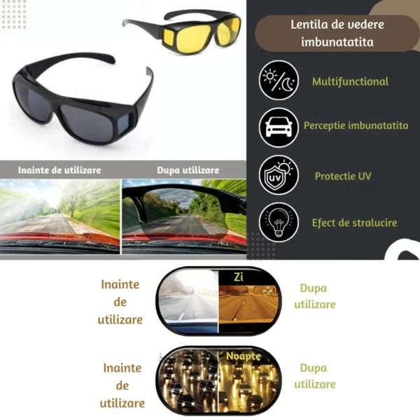 set 2 perechi ochelari de soare polarizati pentru condus, zi/noapte, unisex, impact vision® Ochelari multifuncționali cu protecție UV și efect de strălucire