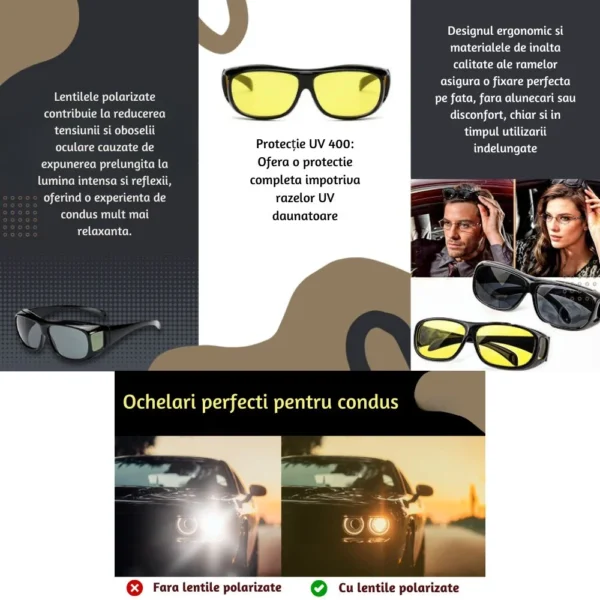 set 2 perechi ochelari de soare polarizati pentru condus, zi/noapte, unisex, impact vision® Colaj de ochelari de soare pentru condus