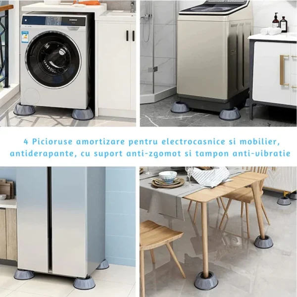 set 4 picioruse amortizare pentru electrocasnice si mobilier, antiderapante, cu suport anti zgomot , gri inchis, impact vision® Picioare antivibrație sub electrocasnice în diverse încăperi
