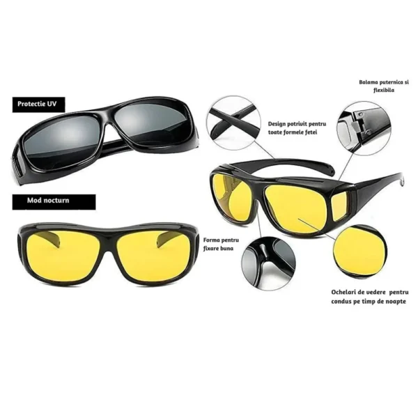 set 2 perechi ochelari de soare polarizati pentru condus, zi/noapte, unisex, impact vision® Ochelari UV și de noapte cu design adaptabil