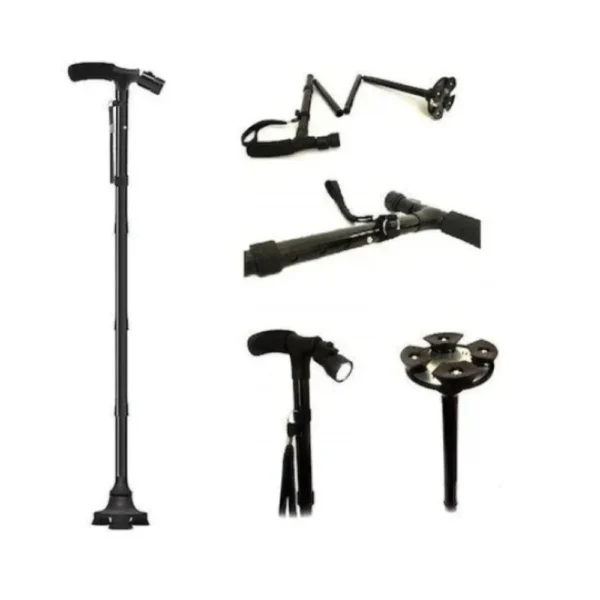 baston telescopic impact visionĀ® pentru sprijin, pliabil cu lanterna si pivoti stabilizatori, 4 puncte de sprijin Vedere baston telescopic pentru sprijin din mai multe unghiuri