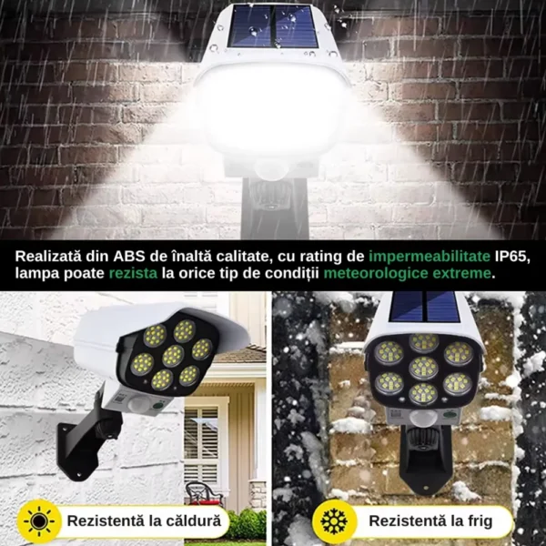 bec lampa cu panou solar incorporat impact visionĀ®, 77led uri, tip camera falsa, rezistenta la apa ip65, cu senzori de miscare si lumina, cu telecomanda, 3 moduri de iluminare, alb Materiale si rezistenta la conditii meteo diferite a lampei solare