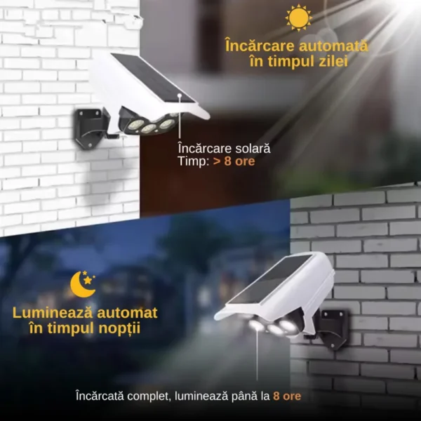 bec lampa cu panou solar incorporat impact visionĀ®, 77led uri, tip camera falsa, rezistenta la apa ip65, cu senzori de miscare si lumina, cu telecomanda, 3 moduri de iluminare, alb Timpul de incarcare si durata de viata a bateriei lampei solare