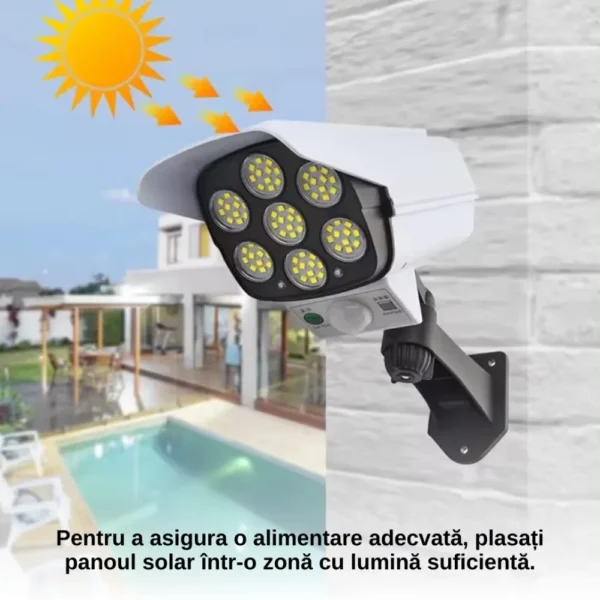 bec lampa cu panou solar incorporat impact visionĀ®, 77led uri, tip camera falsa, rezistenta la apa ip65, cu senzori de miscare si lumina, cu telecomanda, 3 moduri de iluminare, alb Sugestie montare lampa solara