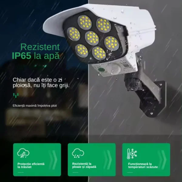 bec lampa cu panou solar incorporat impact visionĀ®, 77led uri, tip camera falsa, rezistenta la apa ip65, cu senzori de miscare si lumina, cu telecomanda, 3 moduri de iluminare, alb Lampa solara in conditii de ploaie, trasnet si zapada
