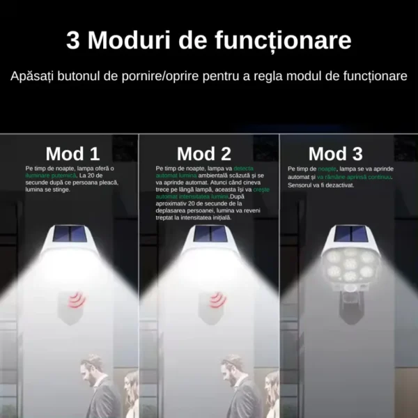 bec lampa cu panou solar incorporat impact visionĀ®, 77led uri, tip camera falsa, rezistenta la apa ip65, cu senzori de miscare si lumina, cu telecomanda, 3 moduri de iluminare, alb Modurile de functionare a lampei solare