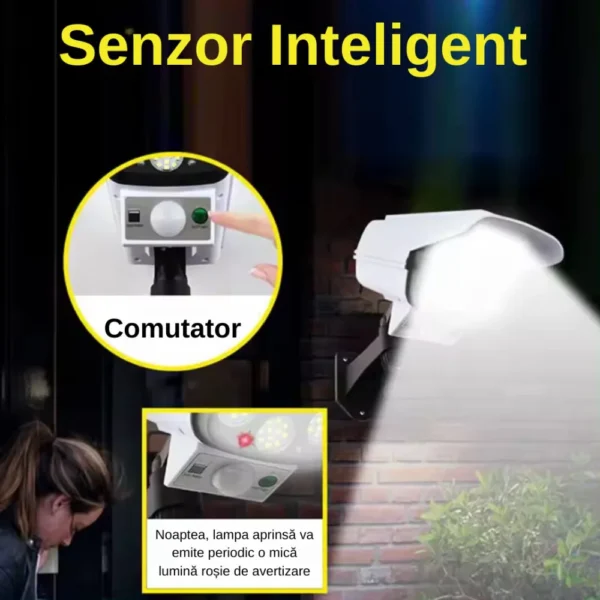 bec lampa cu panou solar incorporat impact visionĀ®, 77led uri, tip camera falsa, rezistenta la apa ip65, cu senzori de miscare si lumina, cu telecomanda, 3 moduri de iluminare, alb Explicatie cu privire la senzorul de miscare inteligent al lampei solare