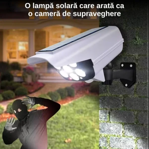 bec lampa cu panou solar incorporat impact visionĀ®, 77led uri, tip camera falsa, rezistenta la apa ip65, cu senzori de miscare si lumina, cu telecomanda, 3 moduri de iluminare, alb Utilizarea lampei solare pentru a pacali persoanele rau intentionate